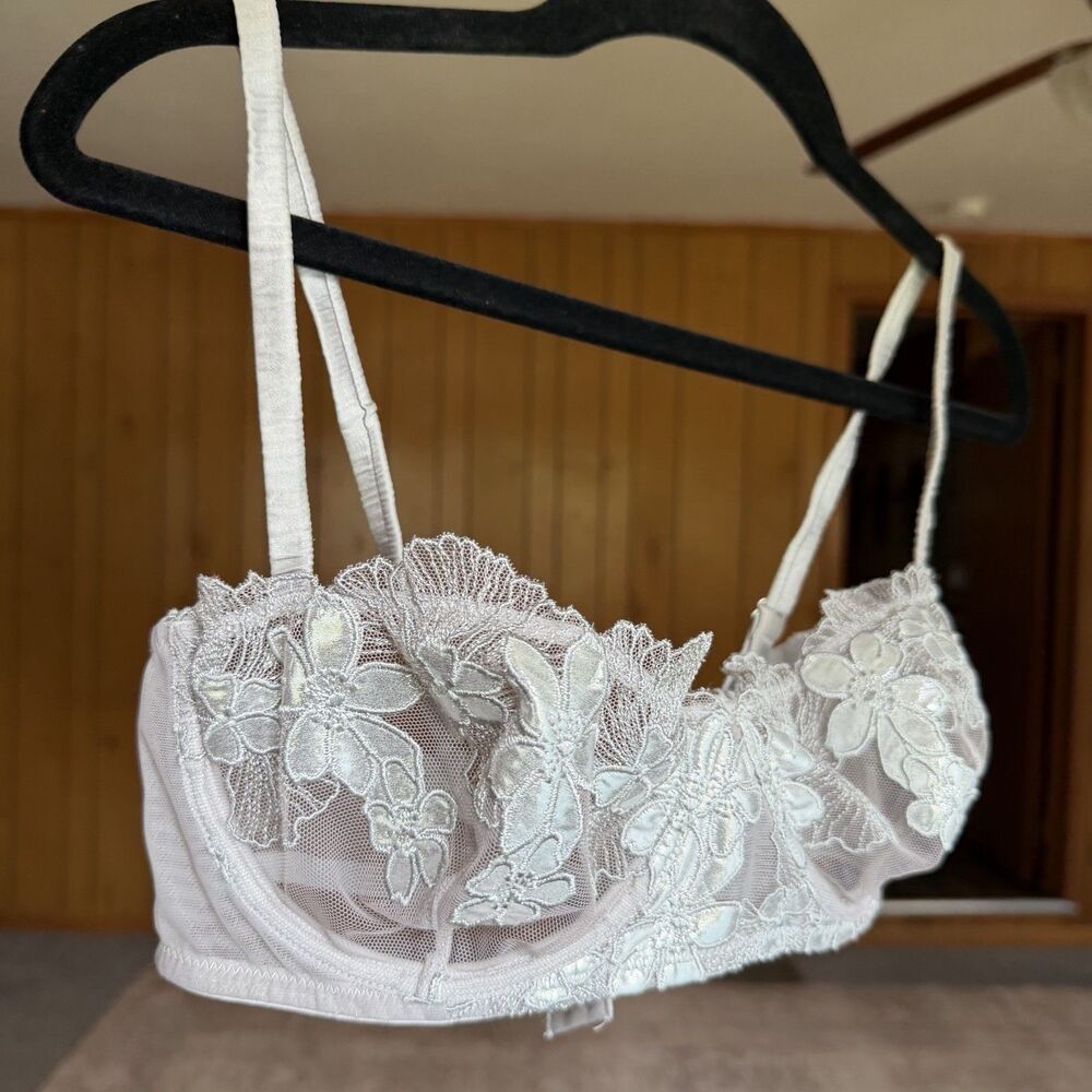 Fleur du Mal Lace Balconette Bra 34D Silver Grey Embroidered Underwire Silk Sexy - Picture 5 of 12